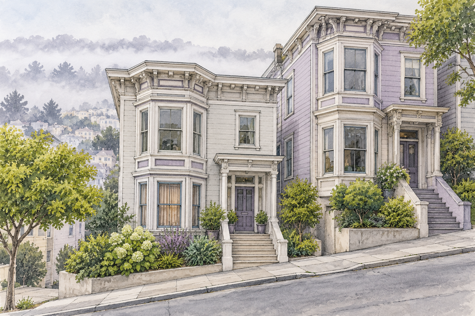 Original watercolor and ink illustration of wood-frame rental homes with bay windows on a sloping street in soft marine fog.