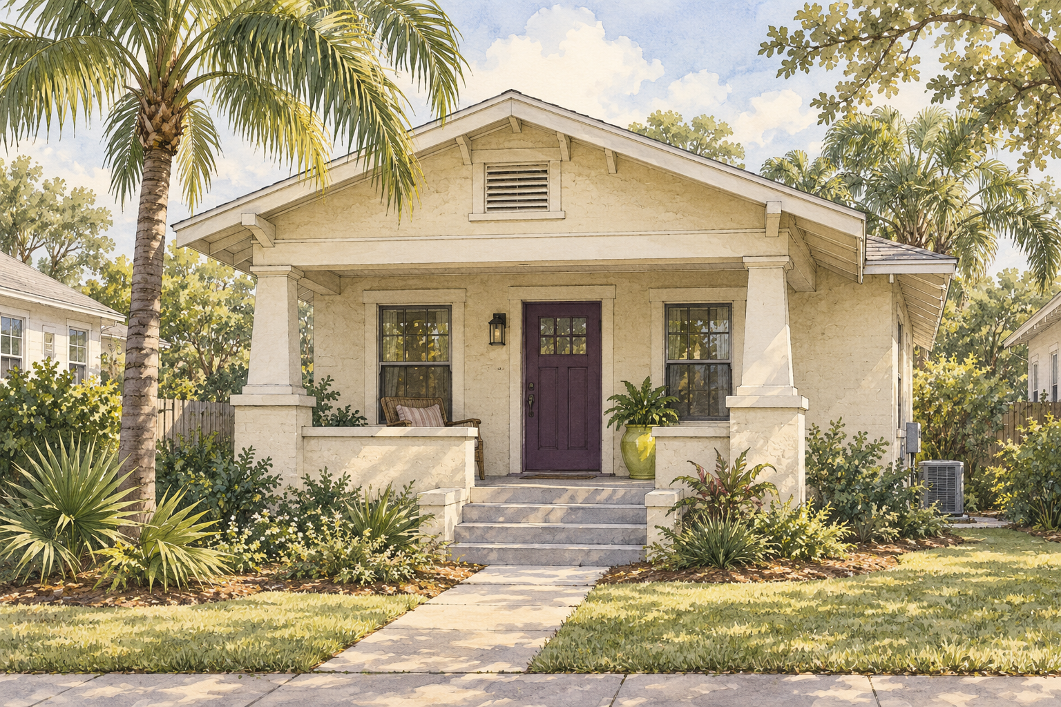 Original watercolor illustration of a Tampa rental home with a shaded porch, palms and purple and lime accents.