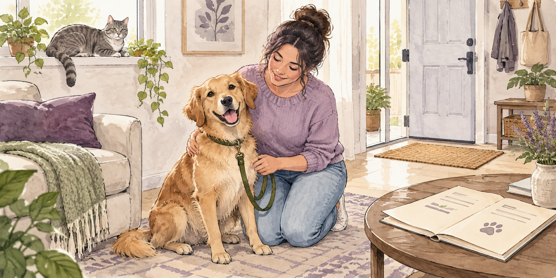 A resident with a leashed dog and a cat in a bright rental living room
