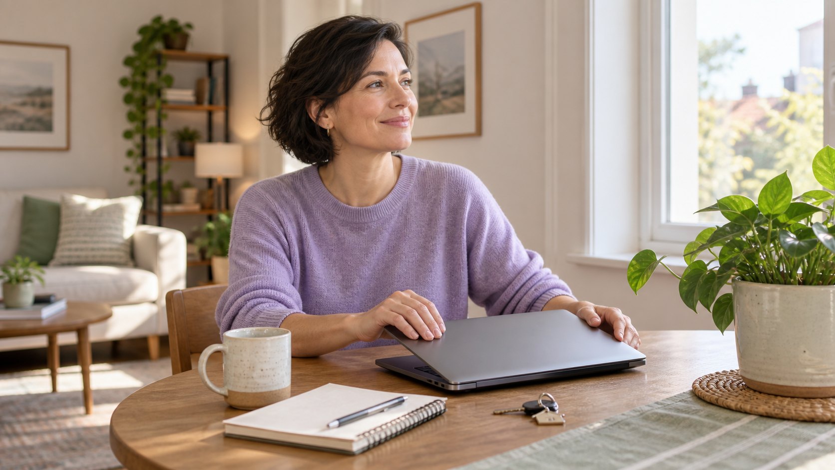 A rental owner closing her laptop after finishing her paperwork