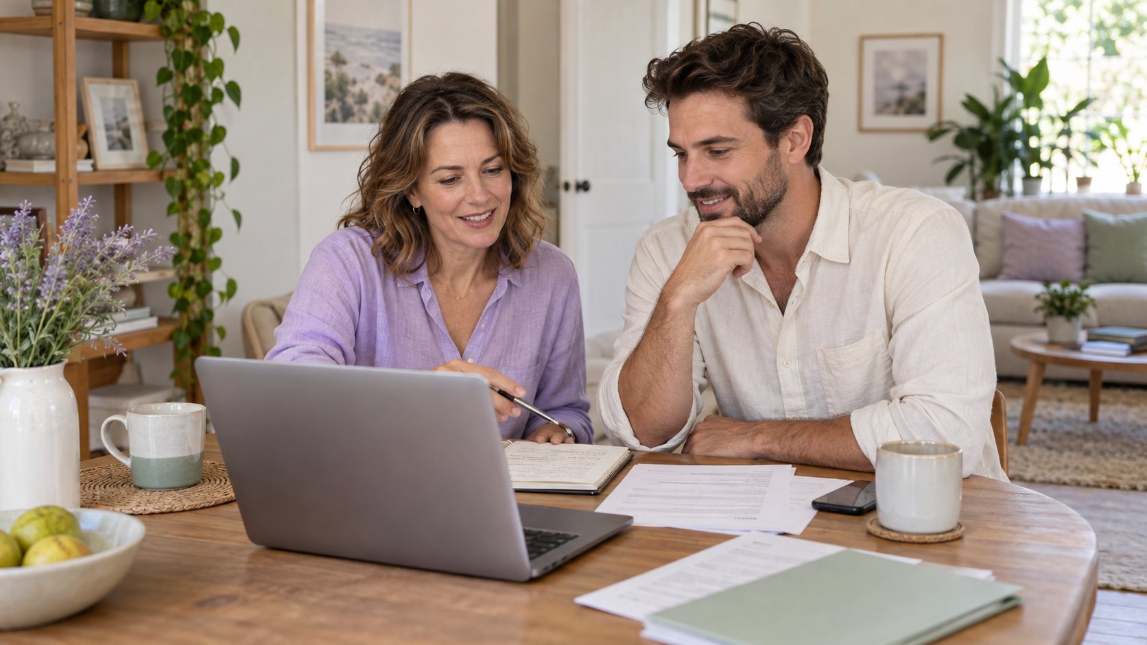 Two people reviewing rental paperwork together at a kitchen table