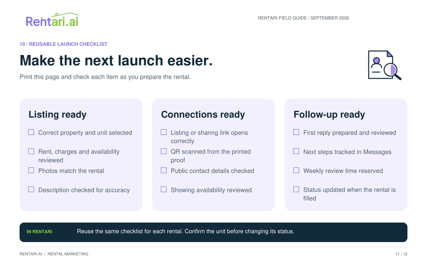 Preview of the launch checklist: listing ready, connections ready and follow-up ready