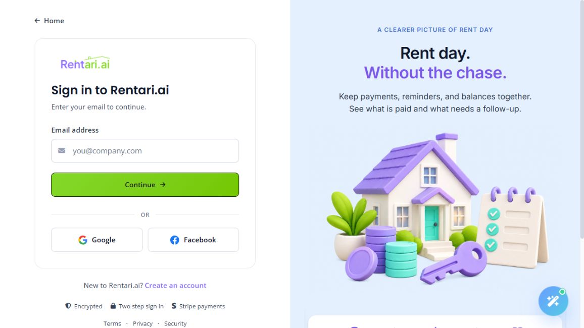 Rentari sign-in screen with an empty email field and Continue button.