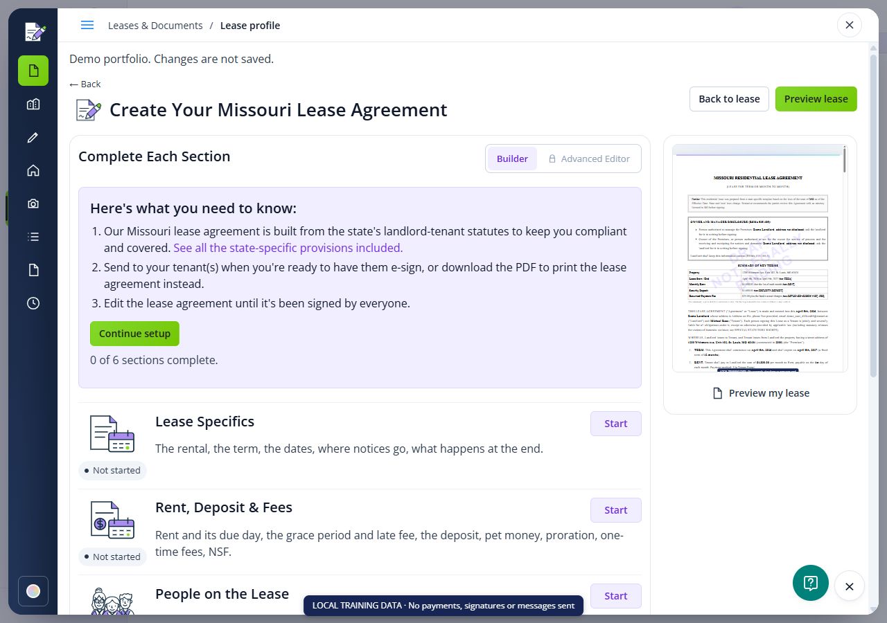 Rentari lease builder showing its six sections and document preview