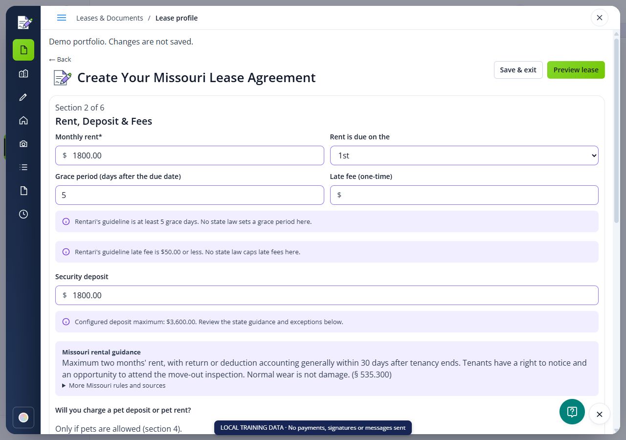 Rentari Rent, Deposit and Fees screen with rent and deposit fields