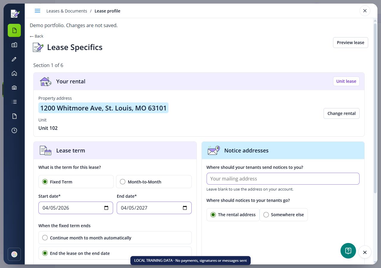 Rentari Lease Specifics screen with rental identity and lease term choices