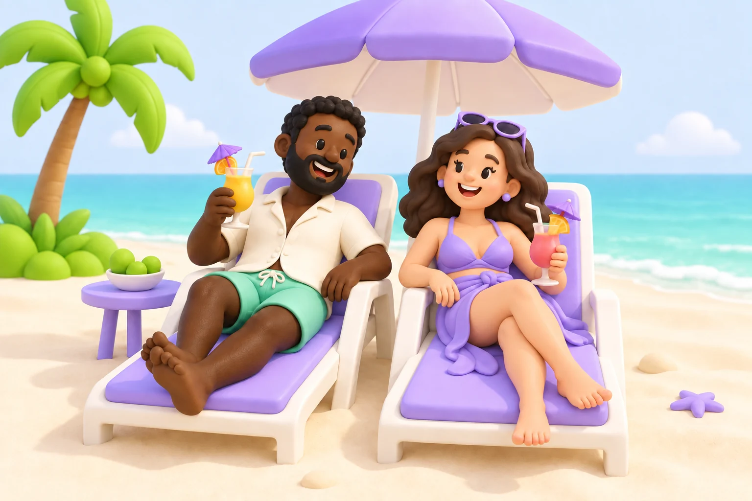 A happy Black landlord and his white wife relaxing on beach loungers, enjoying tropical drinks under a purple parasol.