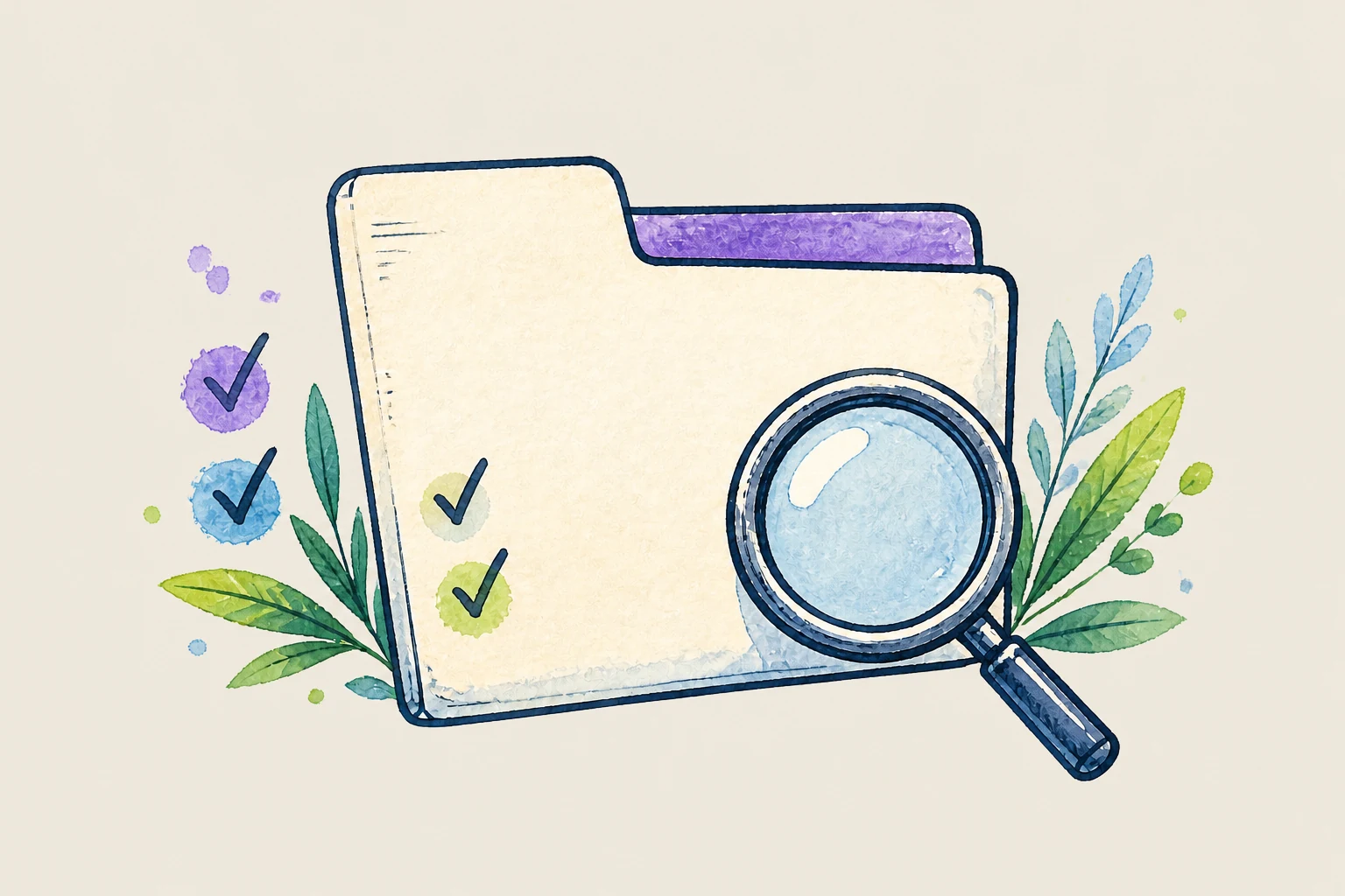 Hand-drawn document folder and magnifying glass, illustrating a careful report review.