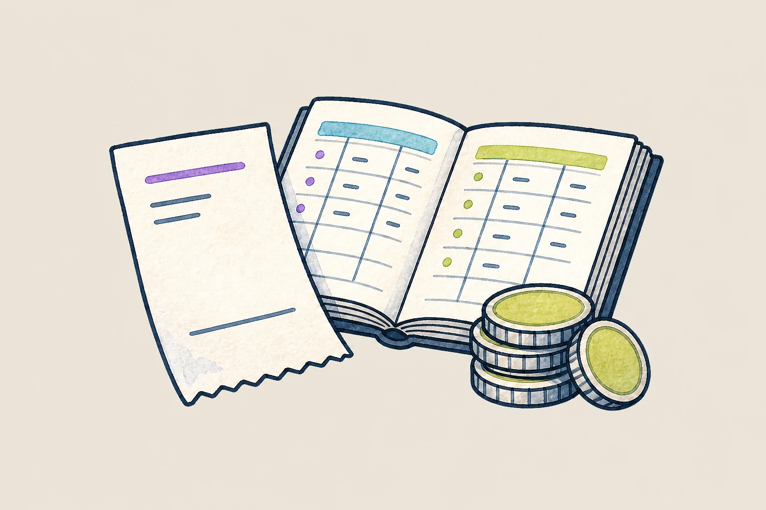 Original ink-and-watercolor illustration of a rent ledger, receipt and coins