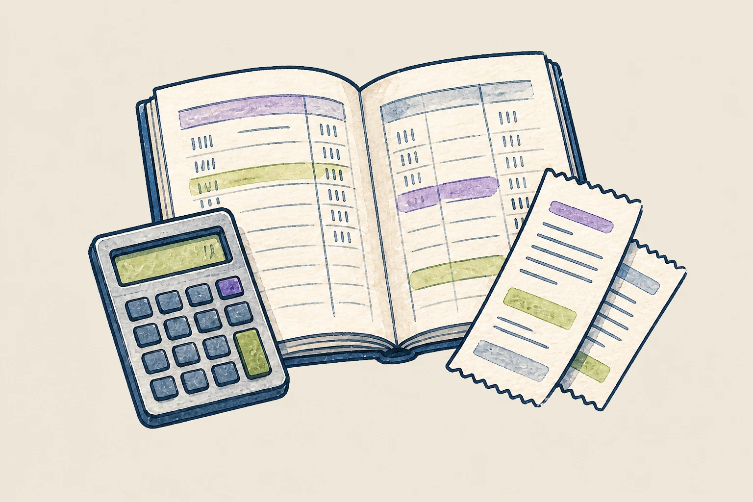 Original ink and watercolor ledger, calculator and receipts for organizing a small rental business