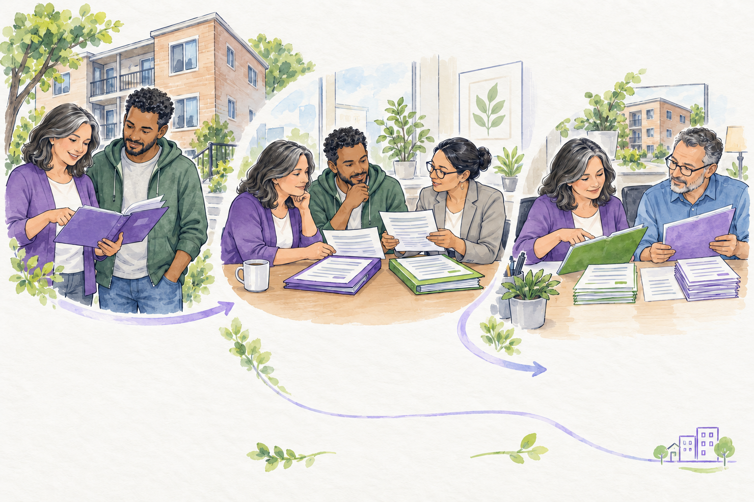 A property owner and resident review an application, compare assistance records with agency staff, then organize separate payment records with a bookkeeper in connected hand-drawn scenes