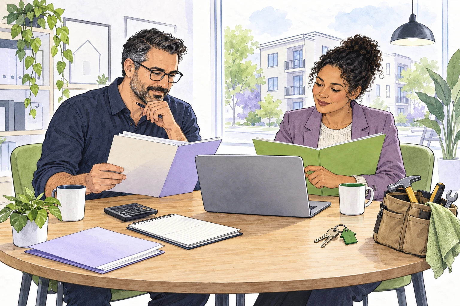 Two rental professionals review folders, records and a laptop while comparing portfolio software responsibilities