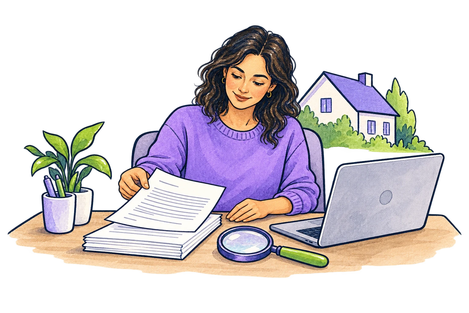 Illustration of a rental owner reviewing documents beside a laptop, with a magnifying glass and home in the scene.