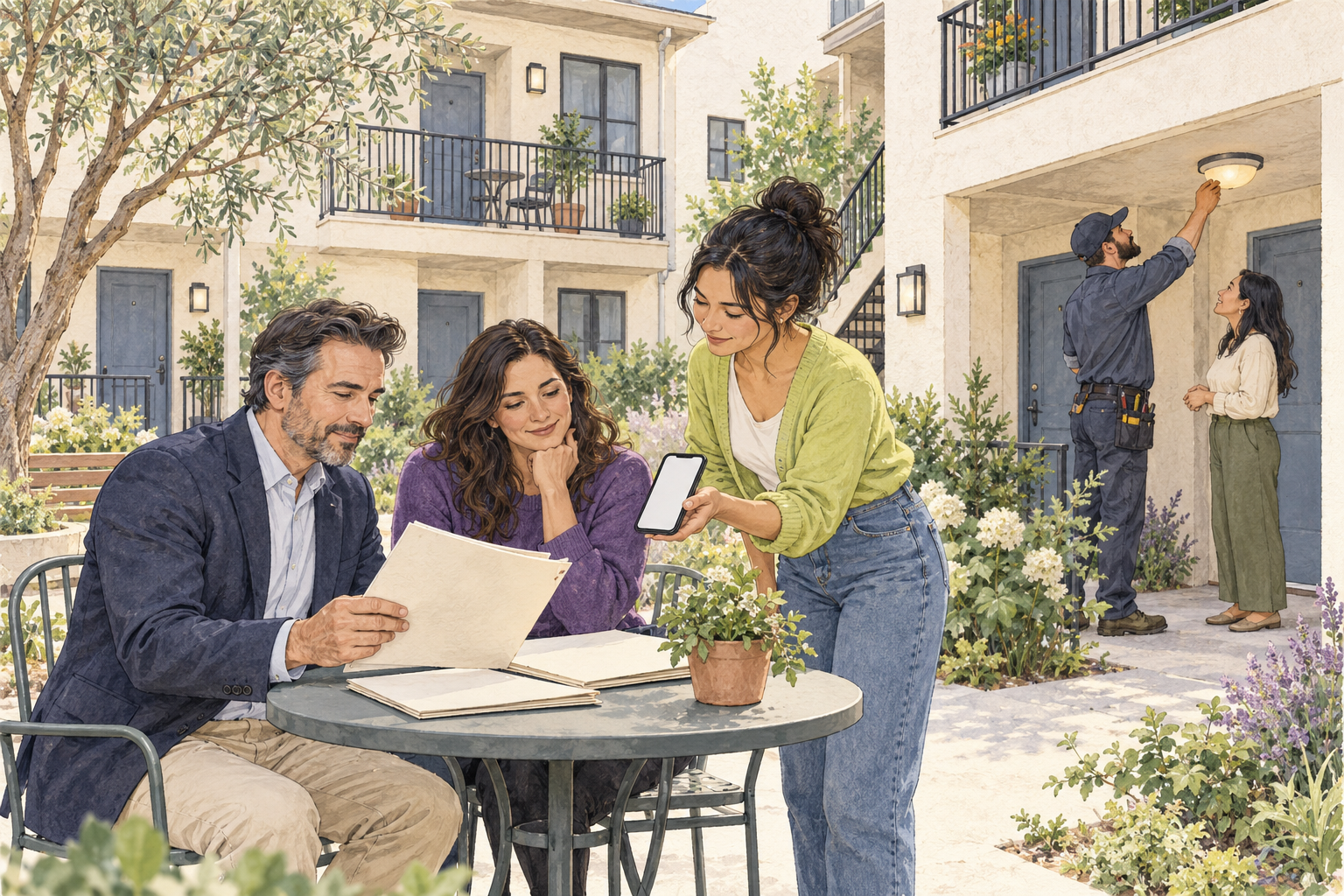 Original editorial illustration of an owner and residents reviewing records in an apartment courtyard while a repair professional checks a shared fixture.