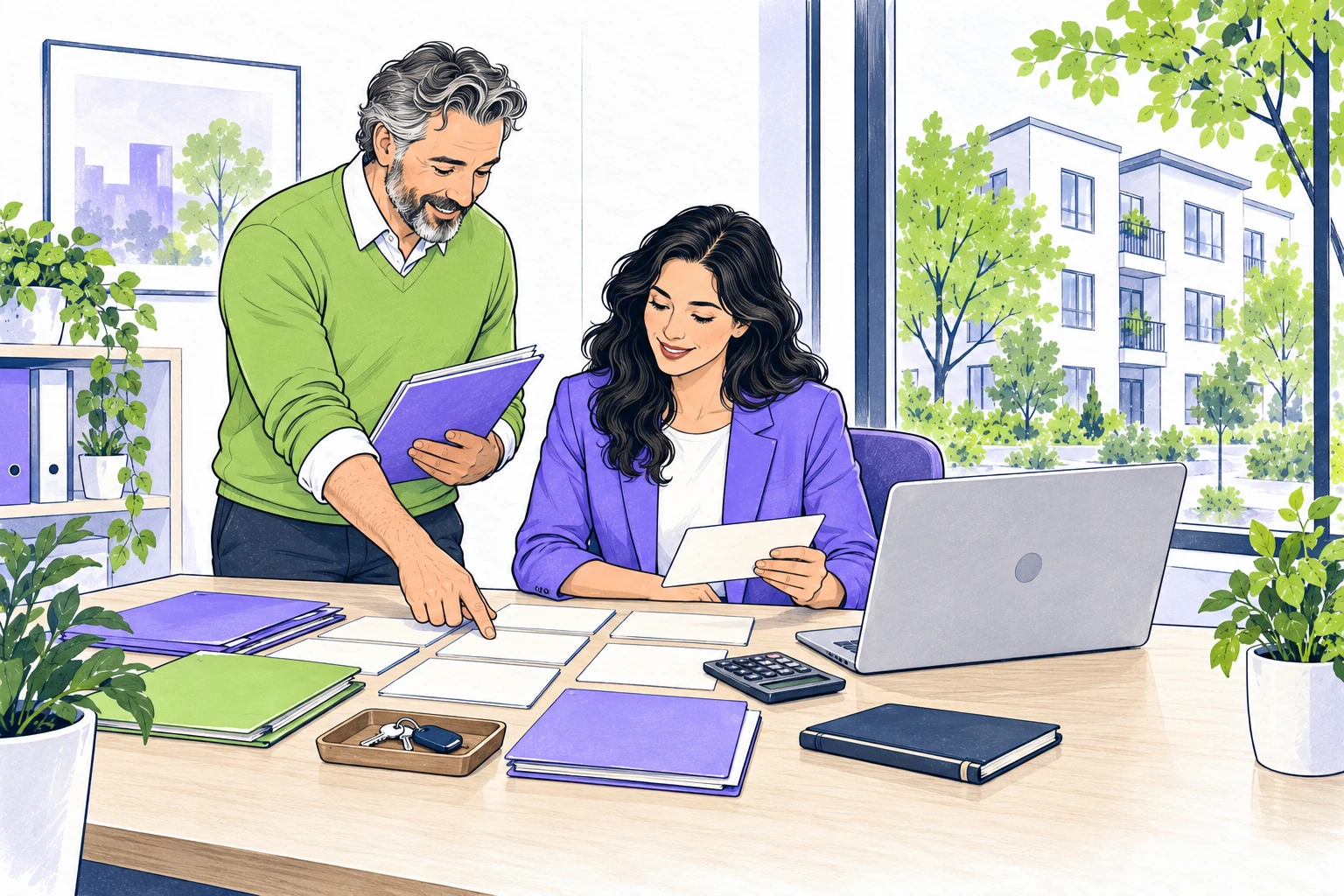 Two rental operators review blank property records and folders beside a calculator and laptop in a bright office.