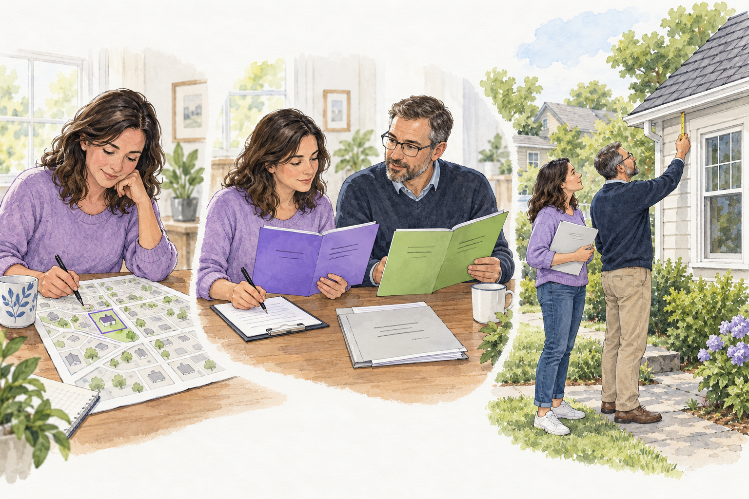 Original navy-ink and soft-wash editorial illustration of a woman reviewing a map, checking blank property folders with an adviser, then examining a home's exterior.