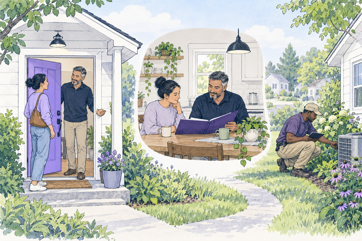 Illustrated landlord and renter reviewing rental information together