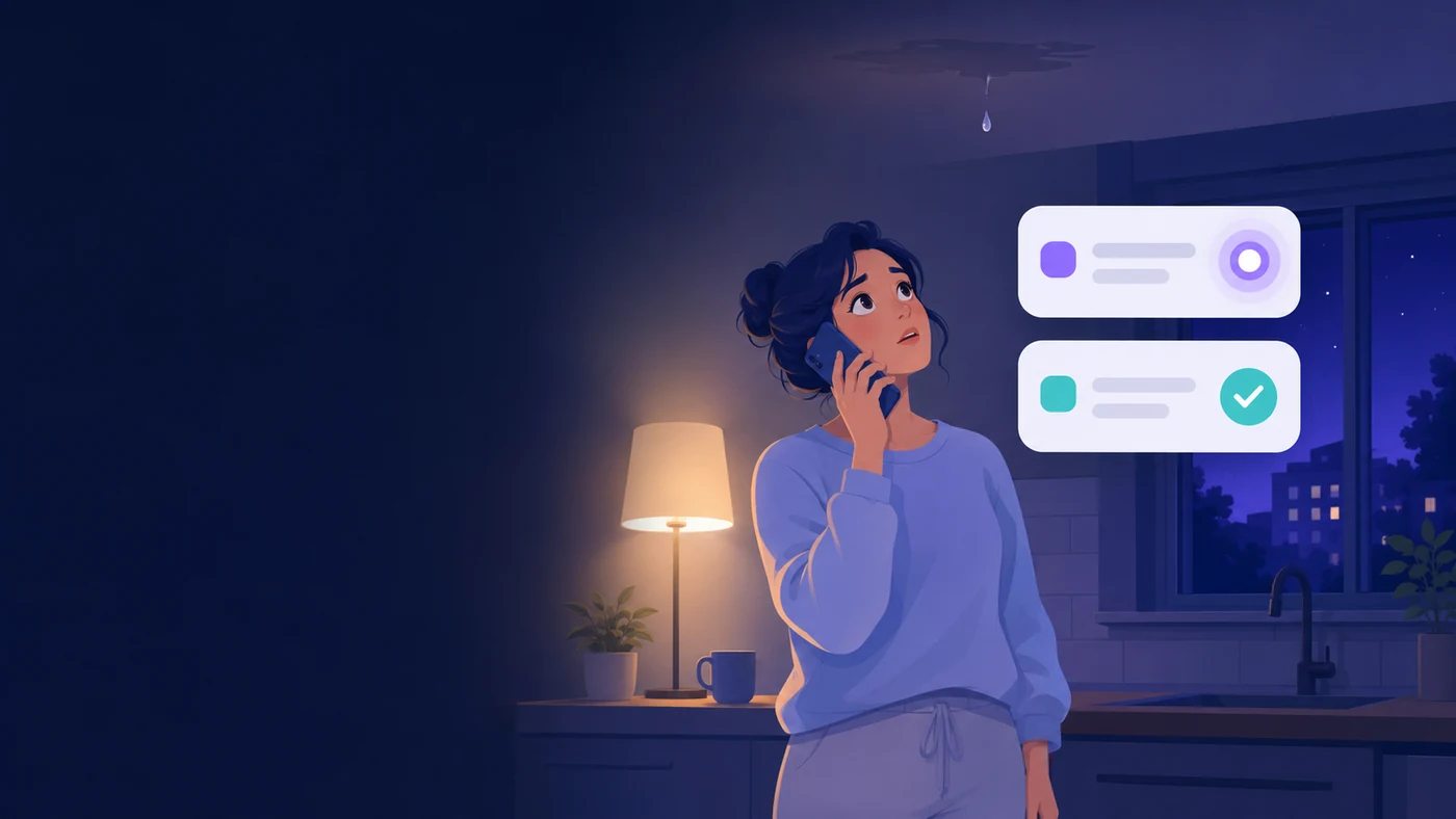 A tenant standing in a dark kitchen at 3am, phone to her ear, looking up at a leak coming through the ceiling, with a live call and a finished maintenance ticket floating beside her