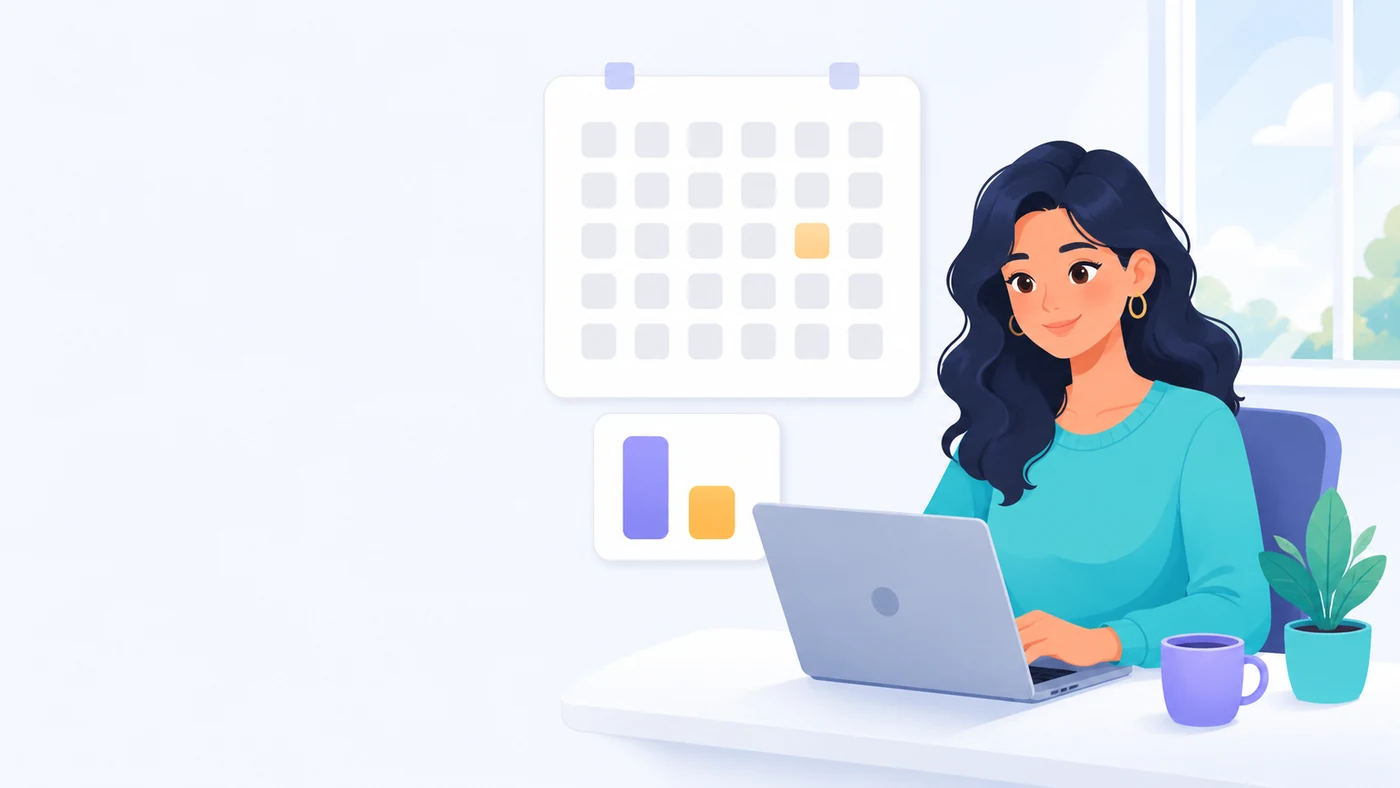 A landlord at a laptop beside a wall calendar where a single day is marked in amber, and a small card showing the rent alongside the shorter late fee that sits on top of it