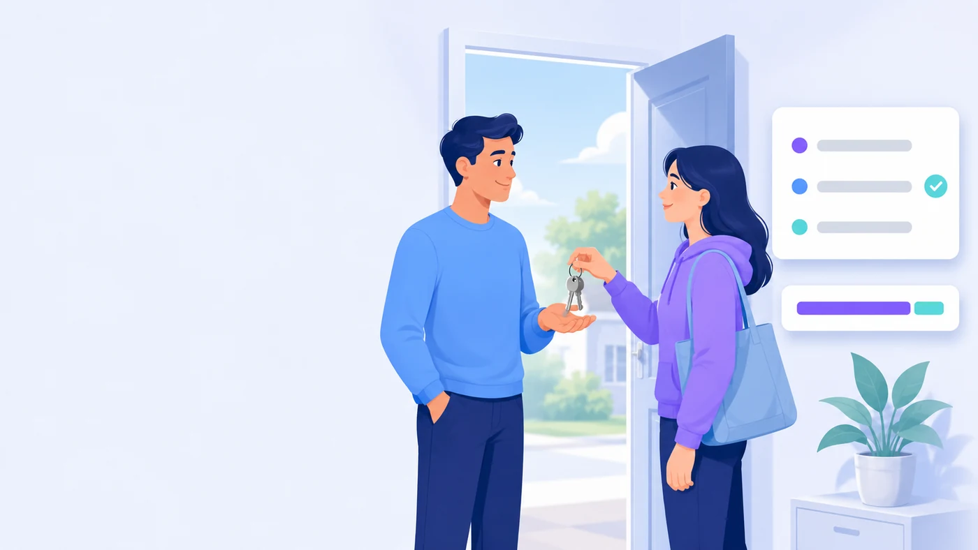 A tenant handing keys back to a landlord at an apartment door, with an itemised list beside them and a bar showing the deposit split between what is kept and what is returned