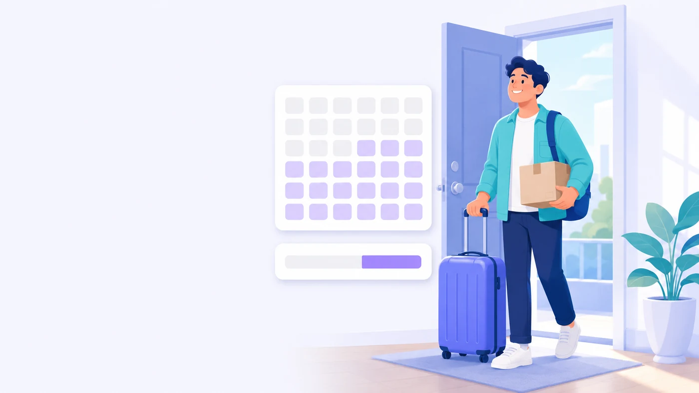 A tenant arriving mid month with a suitcase and a box, beside a calendar where only the later part of the month is filled in, and a bar showing the part of the rent that is actually charged