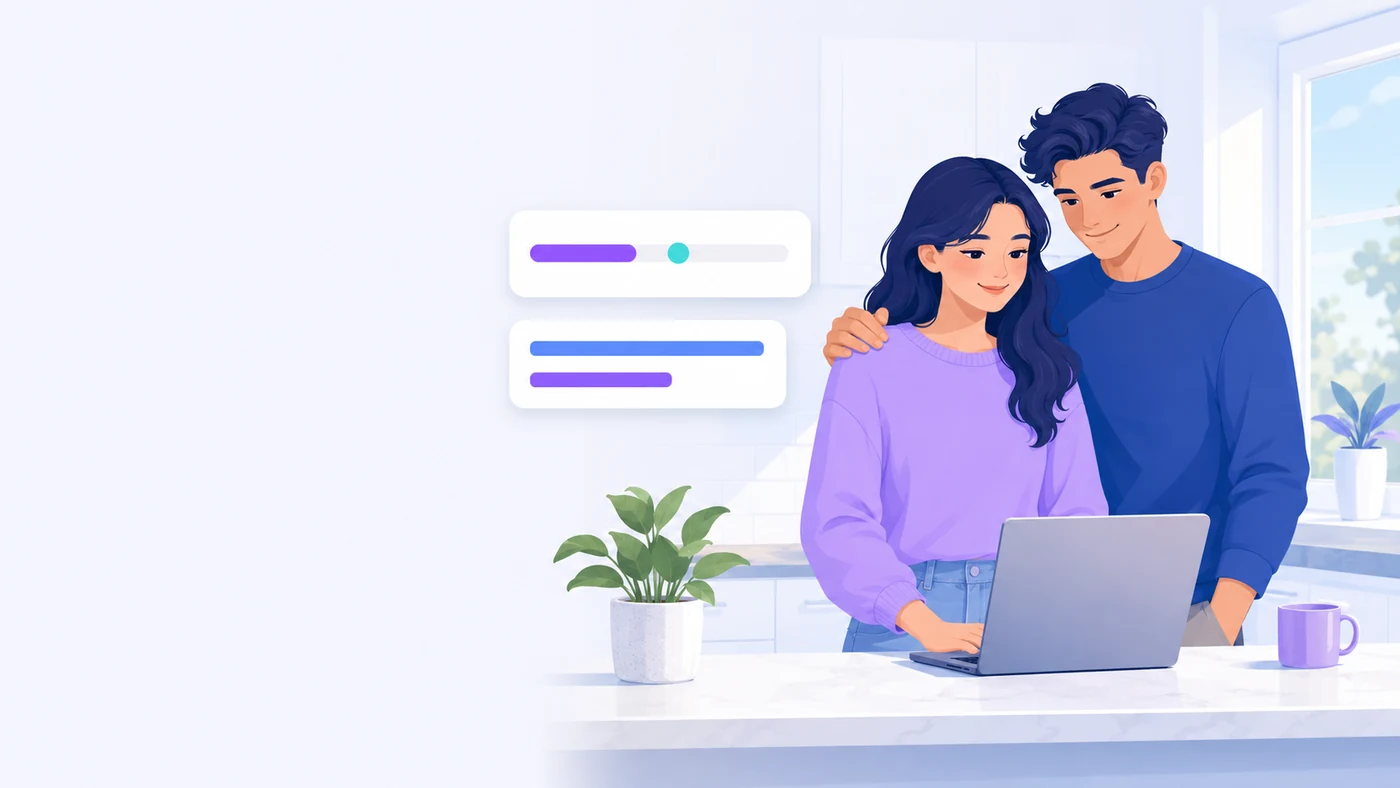 A couple at a kitchen counter looking at a laptop together, with a gauge beside them and two bars comparing income against rent
