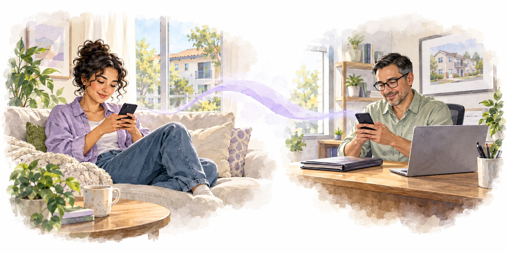Illustration of a renter and property manager using their phones, connected across home and office settings.