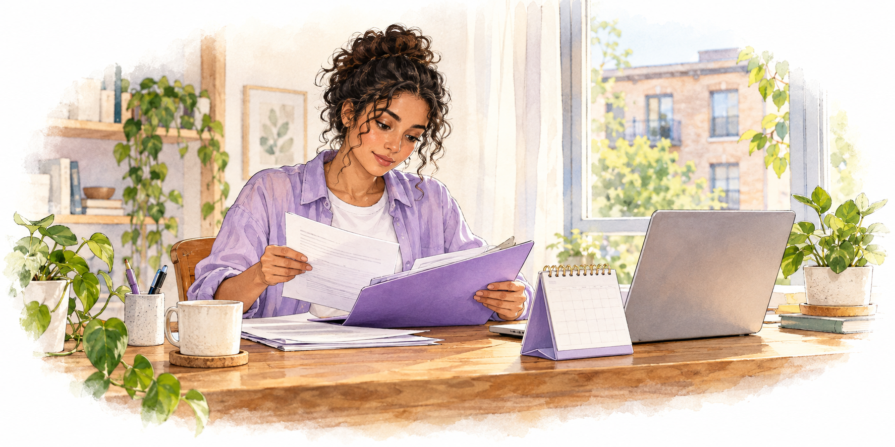 A renter reviews rental papers and a calendar at home beside her laptop before setting up payments