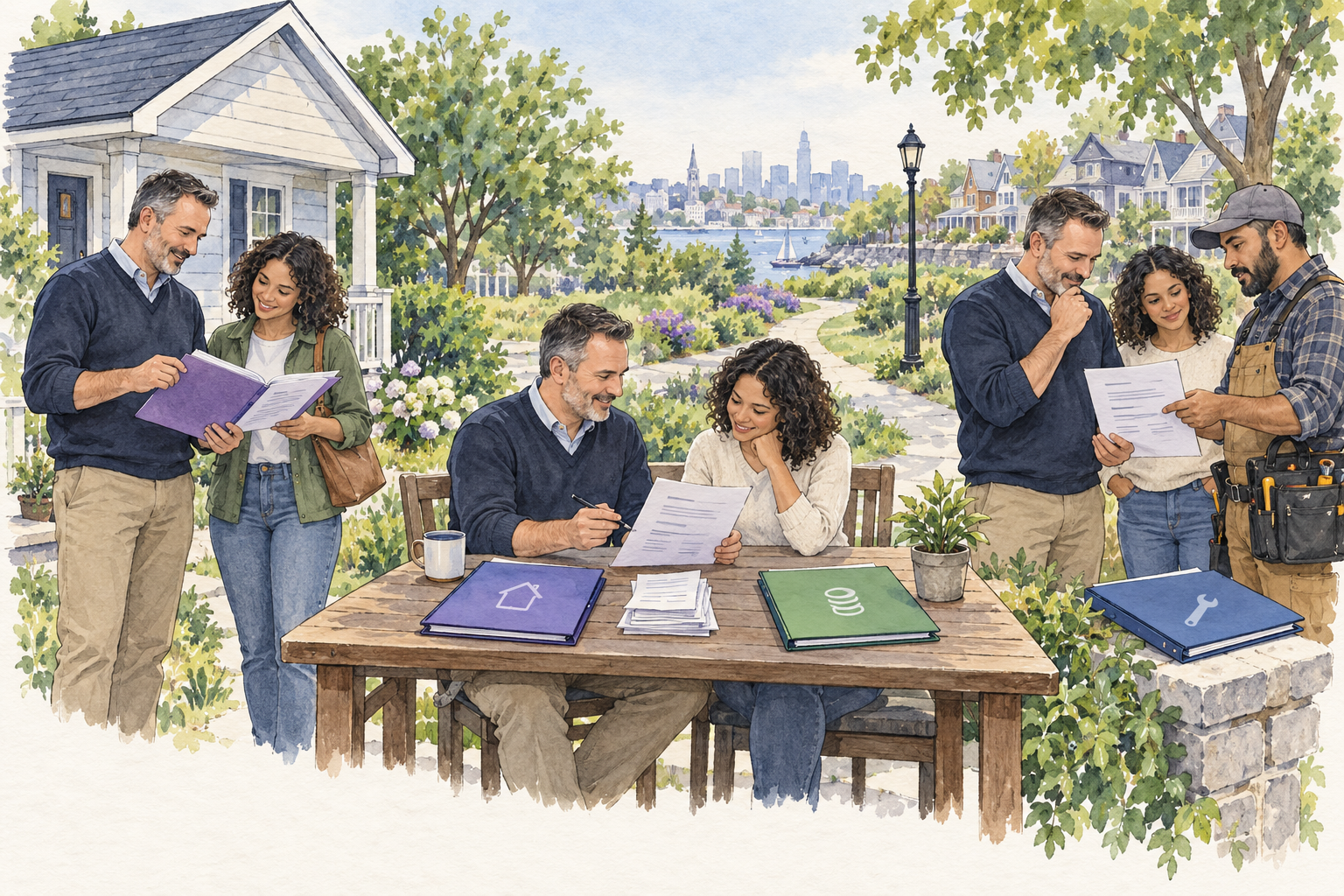 Original editorial illustration of a landlord and renter reviewing application, lease and finance folders, then discussing a repair with a trade professional.