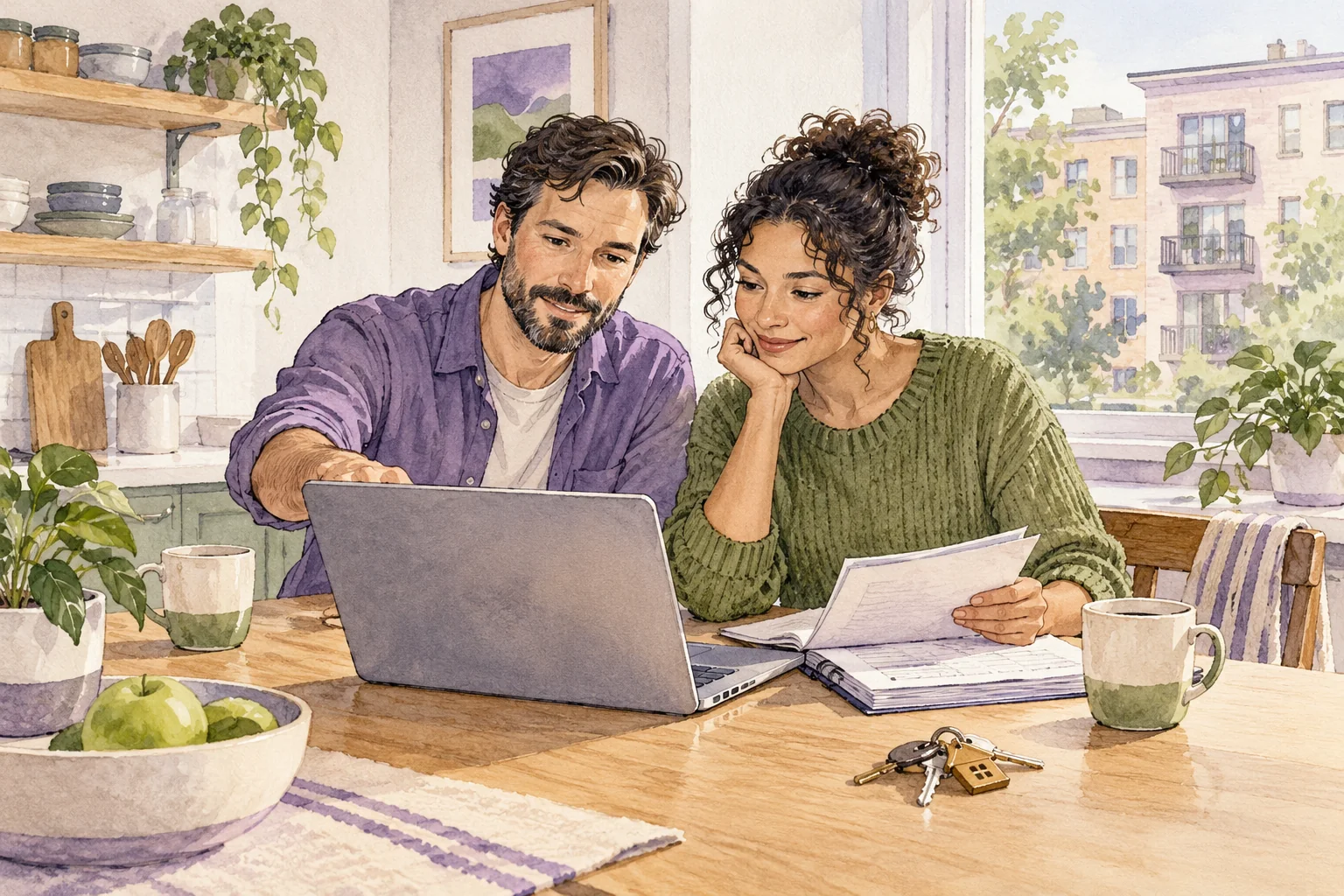 Two rental owners review a laptop and paper records together at a kitchen table with keys and a rental building outside
