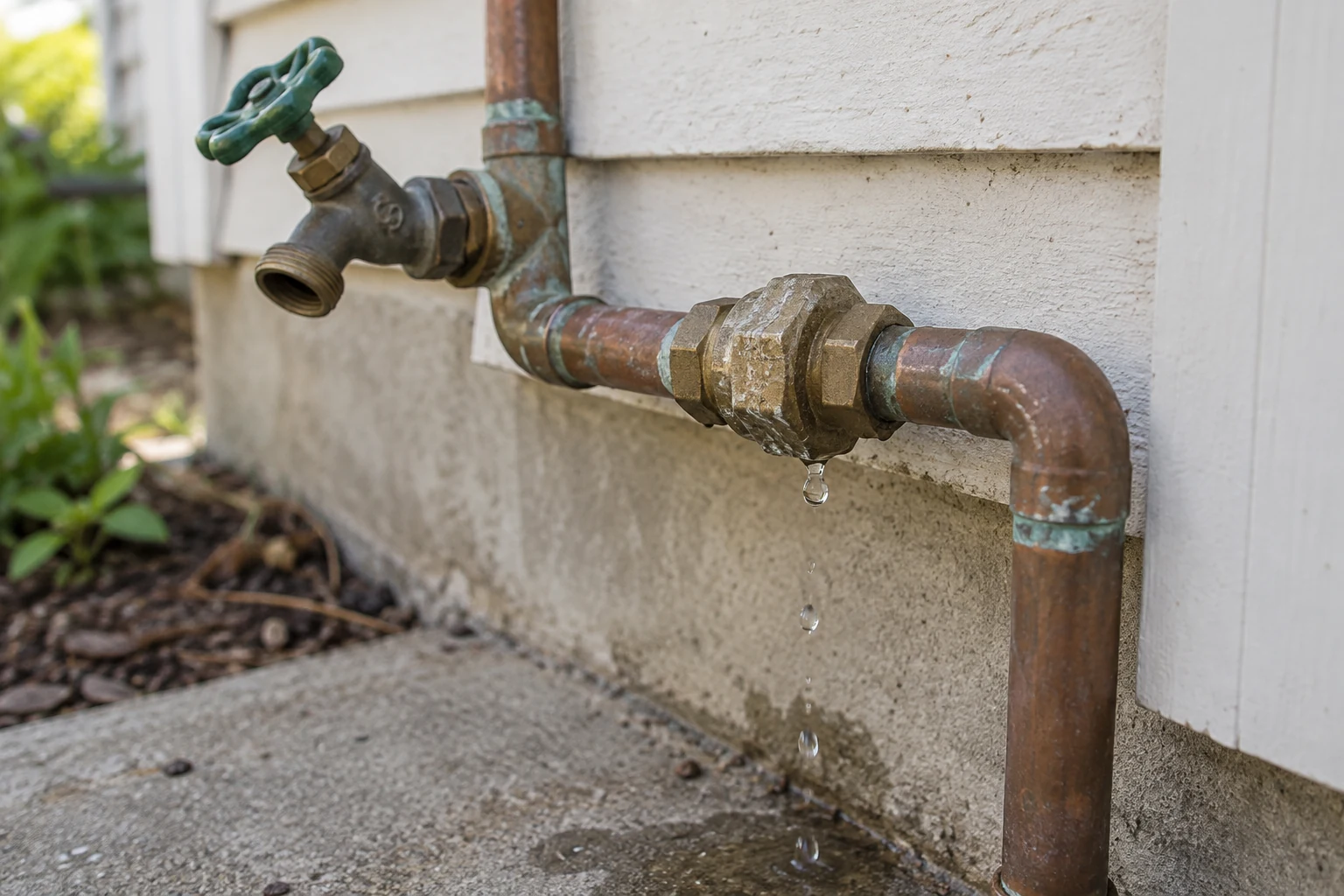 AI-generated photo of a drip beneath an outdoor pipe connection.