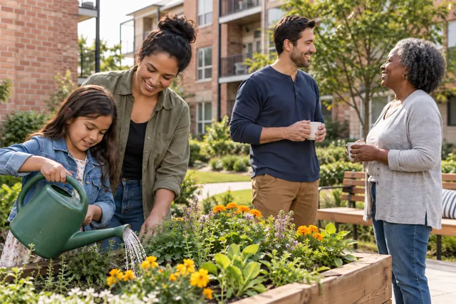 A family and neighbor spending time together beside a community garden.