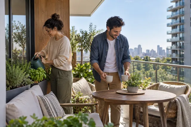 A couple watering herbs and bringing tea to a condominium terrace.