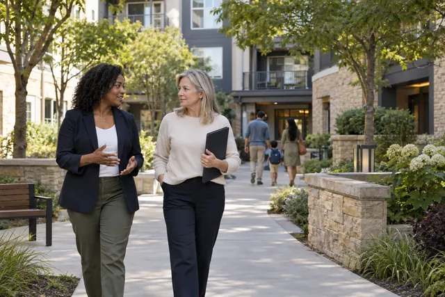 Two property owners walking through an apartment courtyard with residents in the background.