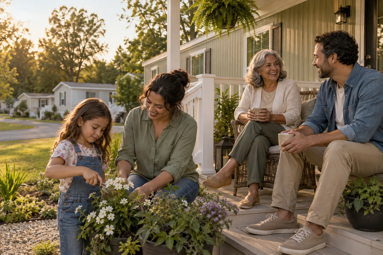 People gathered outside a home in a manufactured-housing community