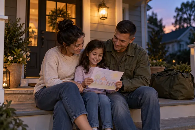 Parents and a child sharing a quiet moment on their home's porch.