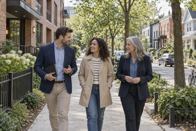 Property managers and a resident talking on a street with different types of homes.