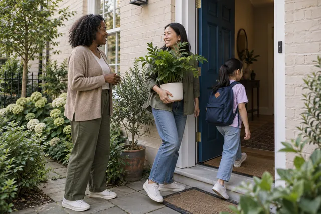 A parent and child arriving at a townhouse while a property host welcomes them.