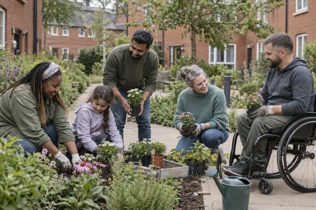 Neighbors of different ages planting flowers together in an accessible shared courtyard.