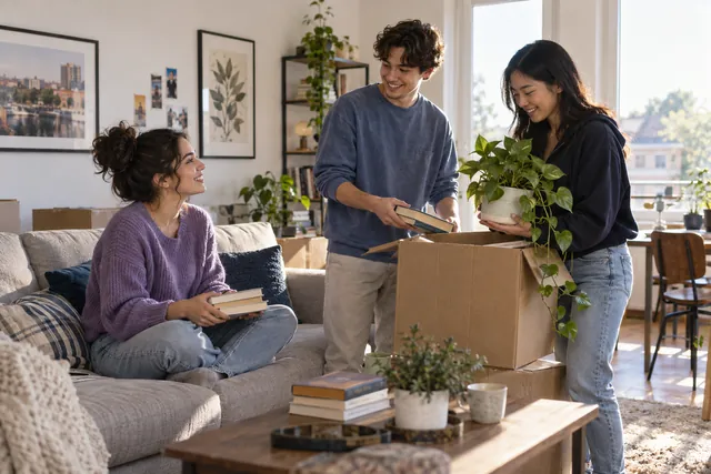 Three adult roommates unpacking books and plants in a bright rental apartment.