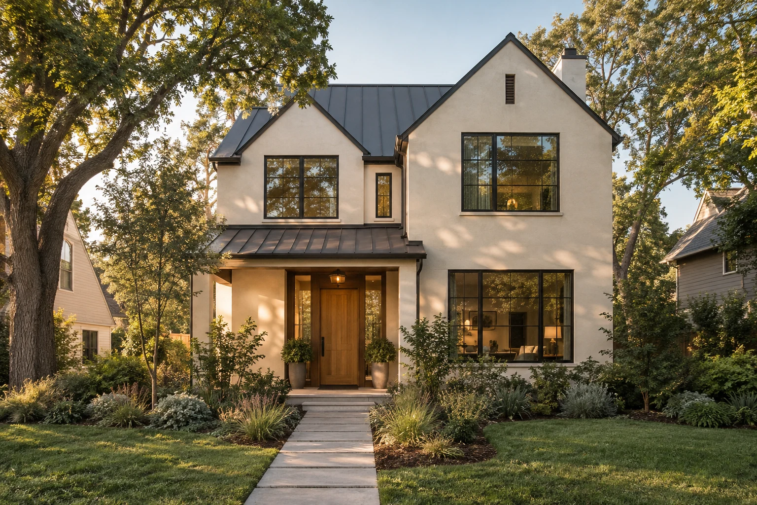 A contemporary rental home with a landscaped entrance