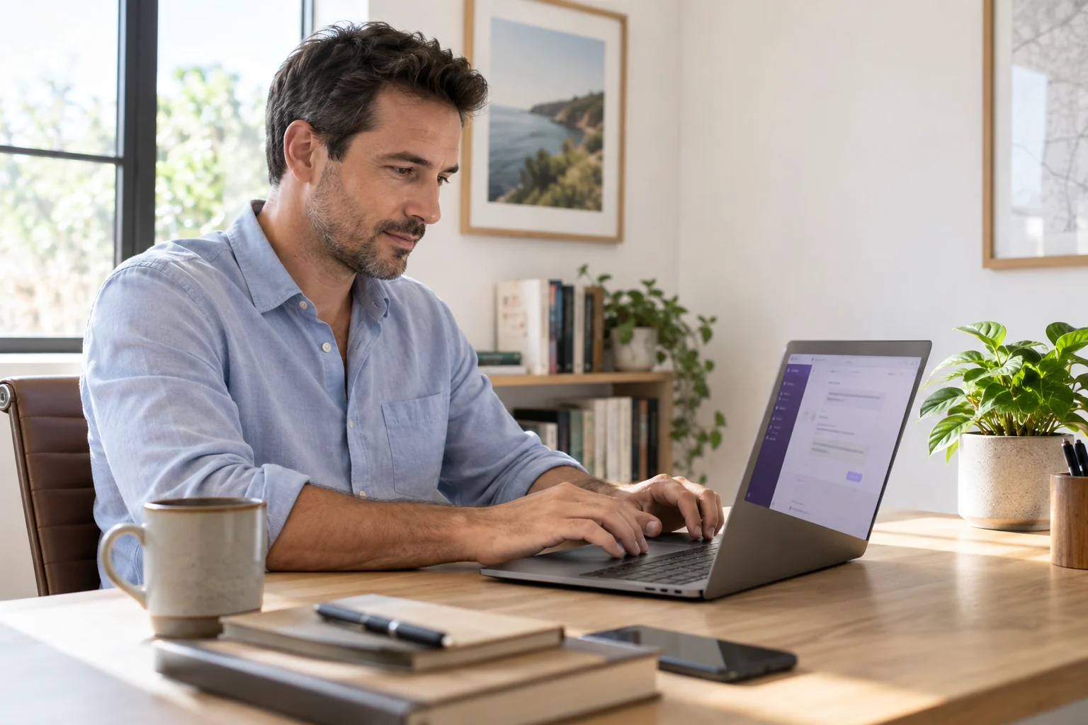 A rental owner working on a laptop at home