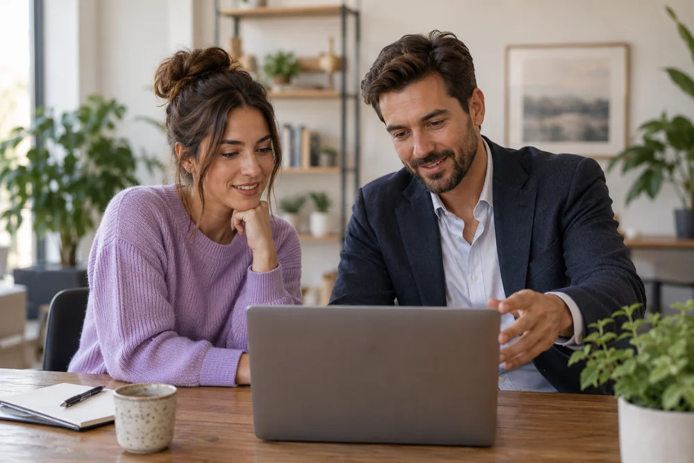 A creator and rental adviser work together at a desk.