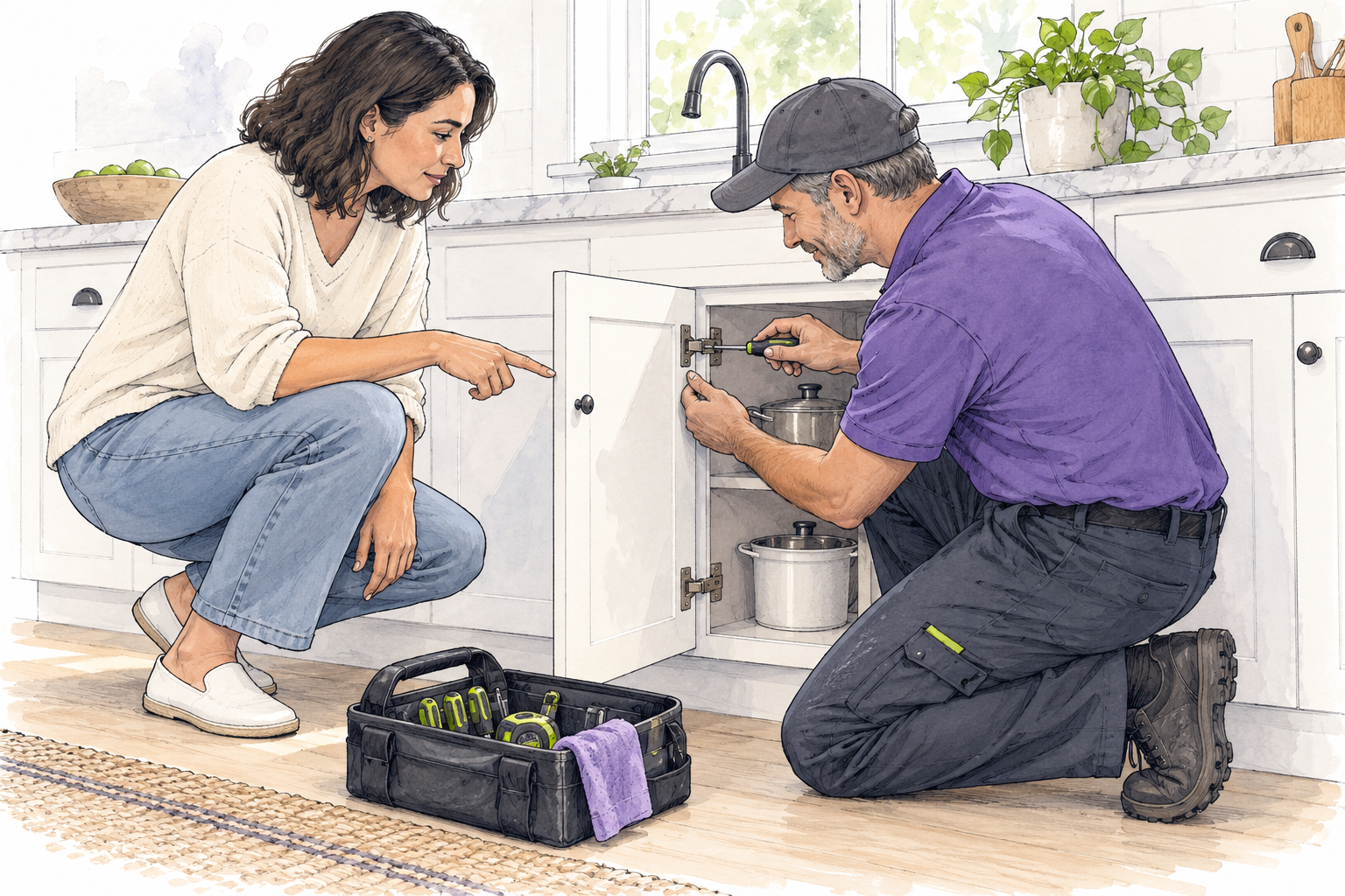 Illustration of a renter showing a loose cabinet hinge to a maintenance professional inspecting it with a screwdriver.