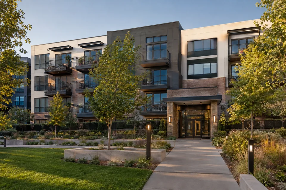 An apartment building in soft afternoon light