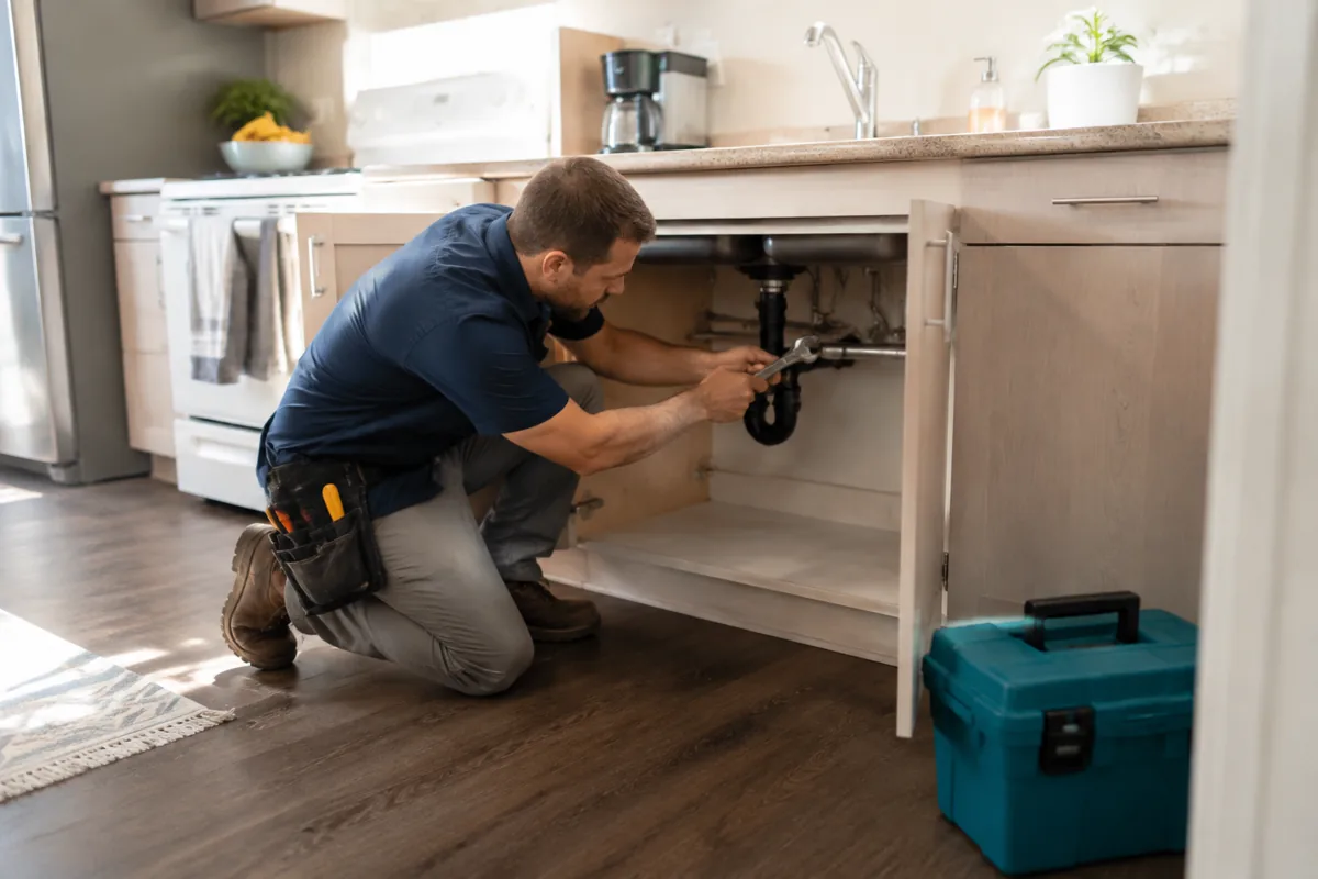 A technician repairing a rental home’s kitchen plumbing