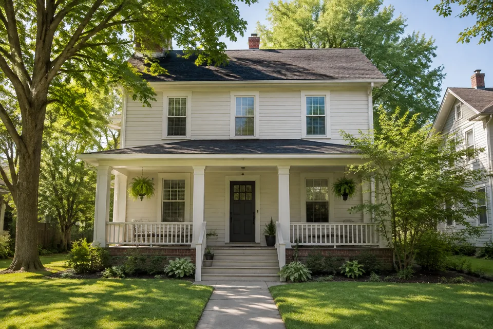 A welcoming rental home with a front porch and leafy garden