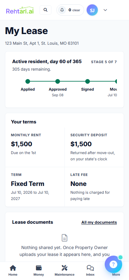 Rentari My Lease screen with rental details, lease dates and monthly rent
