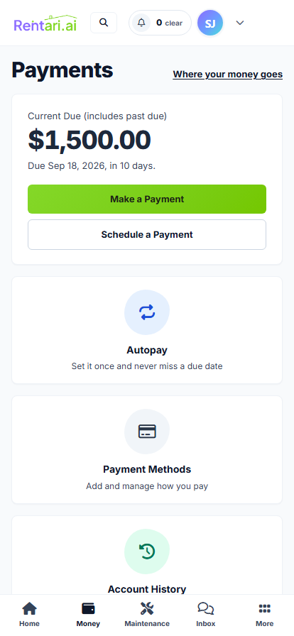 Rentari Payments screen with balance, payment options and autopay
