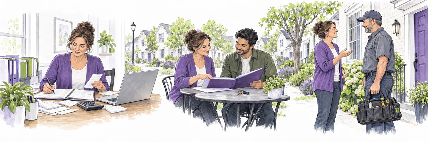 A landlord reviewing rental accounts, discussing a lease with a tenant and arranging maintenance at a rental home